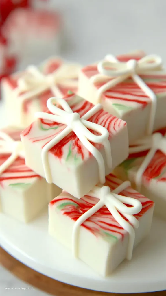 hyper-realistic photo of, Crisp, bright studio white lighting, minimal shadows, no dark images, photographed on a solid light wooden kitchen counter with a light gray marble backsplash blurred in the background close-up of decorated fudge cubes each one-inch cube showing smooth white sides and a top surface decorated with soft red and green swirls thin white chocolate lines cross over the swirls forming a ribbon effect with a tiny centered white dot bow drizzle stays only on the top surface