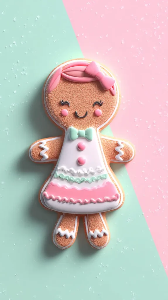 cute gingerbread cookie girl on teal and pink background