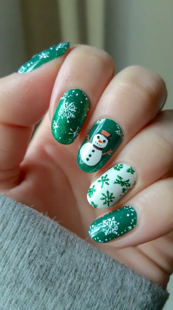 green Christmas nails , snowman accent