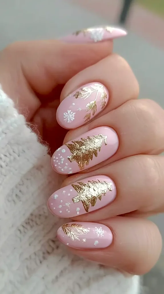 light pink and gold Christmas tree nails