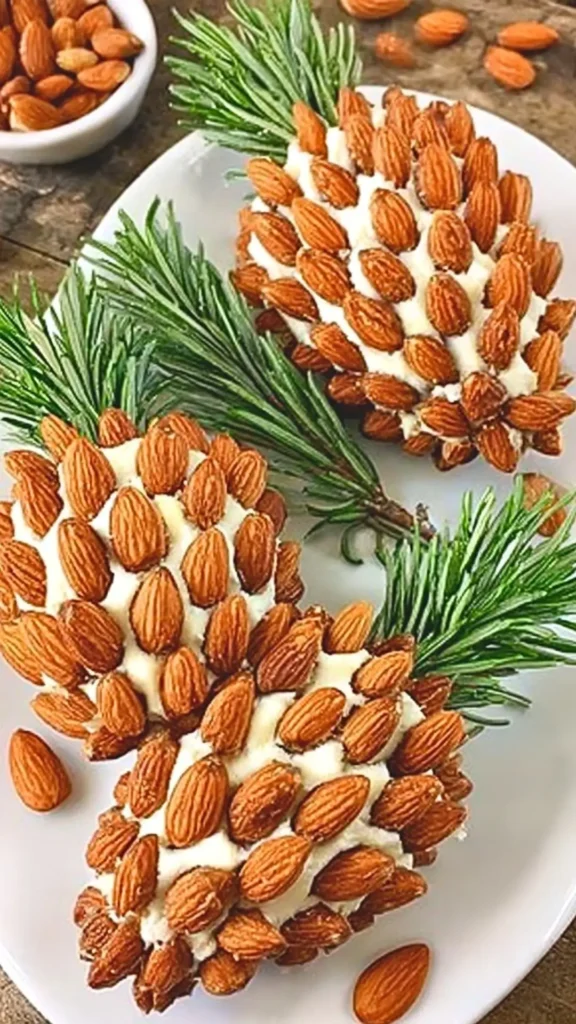 pinecone shaped cheeseballs with almonds