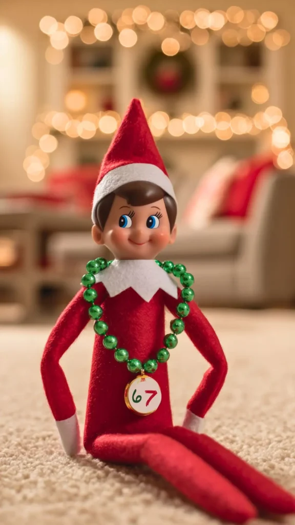 elf on the shelf wearing a 6 7 necklace