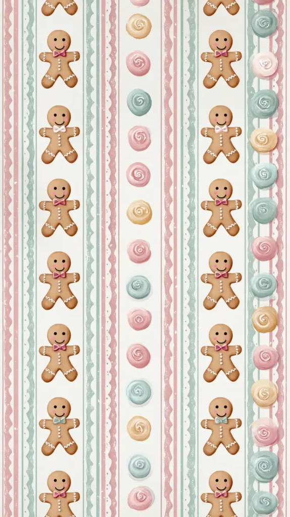 vertically lined gingerbread wallpaper, candies, buttons