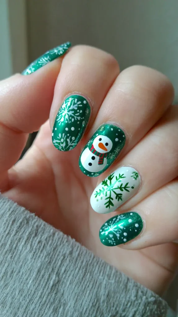 green Christmas nails , snowman, snowflakes