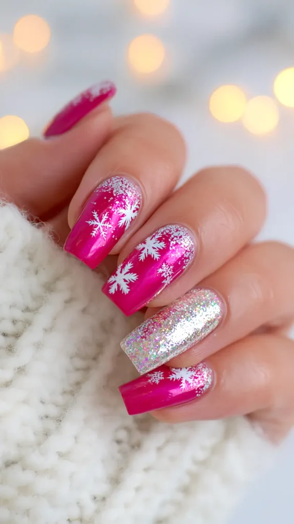 hot pink snowflake manicure