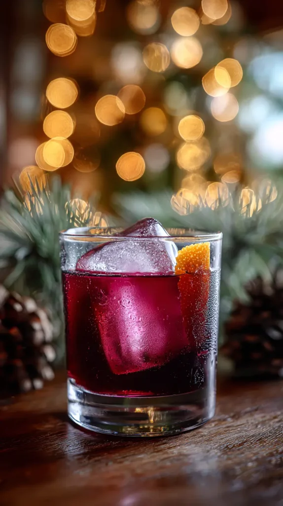 sugar plum old fashioned in a glass, festive decor behind in the background