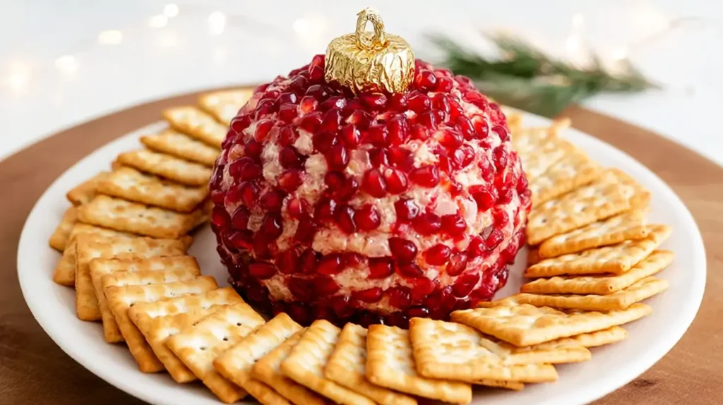 pomegranate cheeseball, shaped like an ornament with crackers