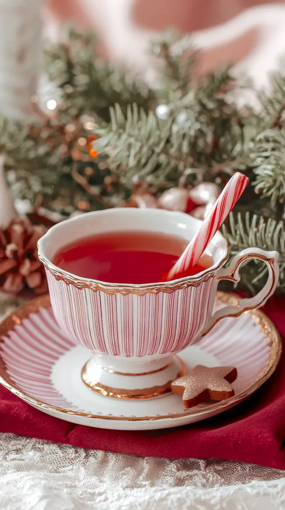 peppermint stick in a tea cup with tea, Christmas scene