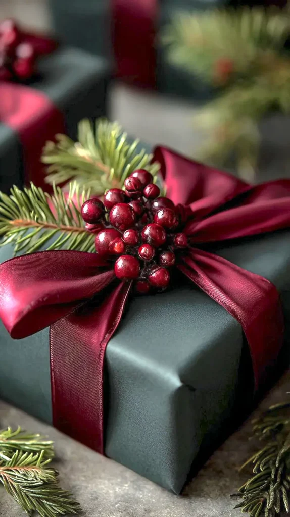 dark green wrapping paper, burgundy ribbon, berries, present on the ground