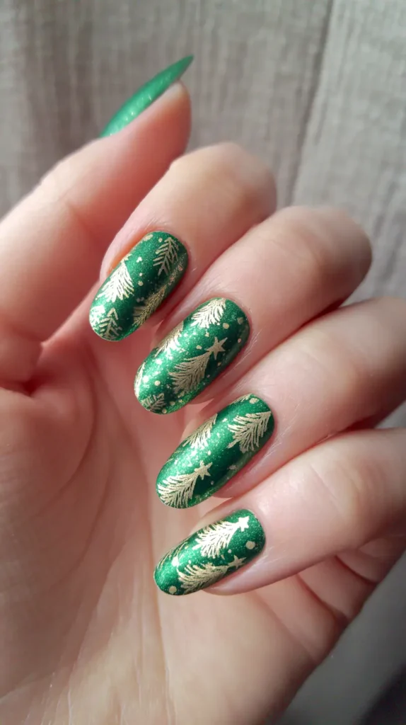 green Christmas nails , gold trees