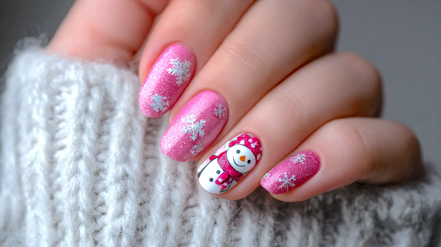 pink Christmas snowman nails