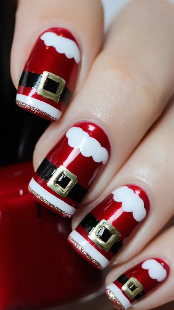 red Christmas nails, Santa suit designs