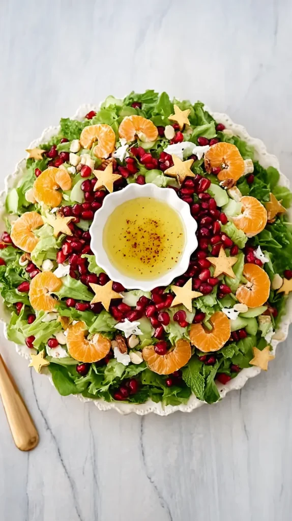 wreath salad with dressing in the middle in a small dish