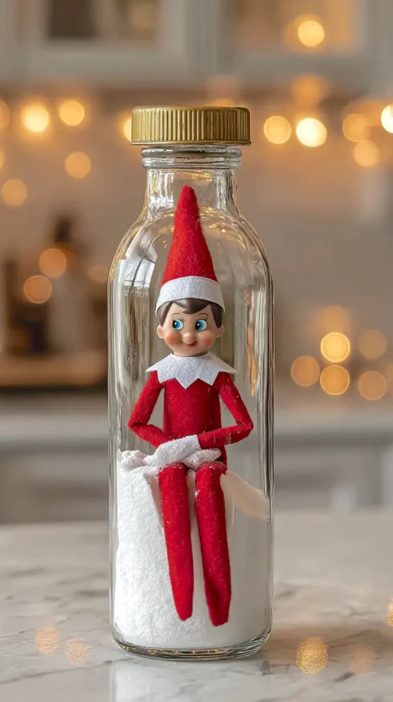 elf on the shelf with a clear glass bottle with fake snow inside