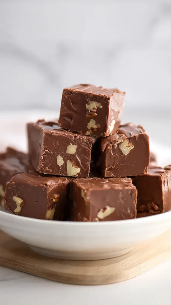 fantasy fudge stacked on a white dish