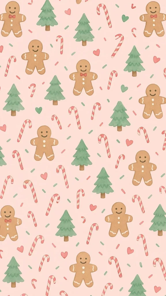 gingerbread cookies, wallpaper, Christmas trees, candy canes