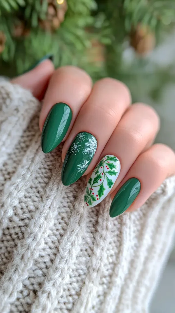 green Christmas nails with holly