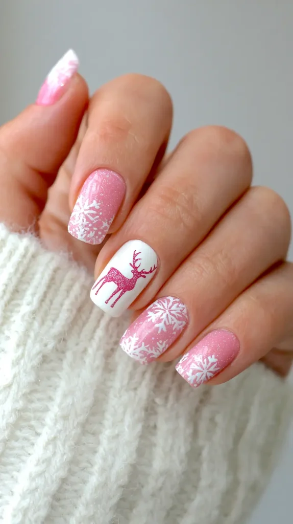 reindeer and snowflake manicure, blush-tones