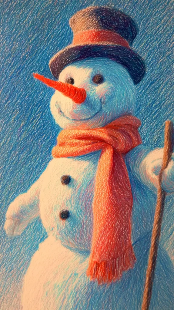 colorized drawing of a snowman in a winter setting