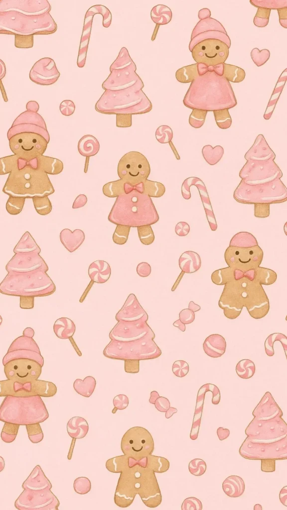 cute pink wallpaper, gingerbread boys and girls, candy
