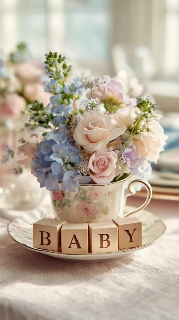 baby wooden block centerpiece, florals, tea cup