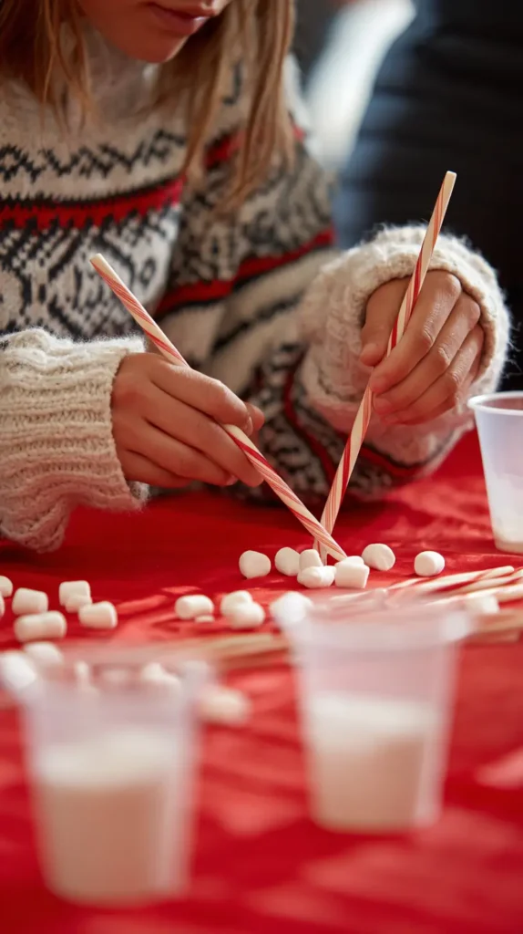 marshmallows, candy cane chopsticks