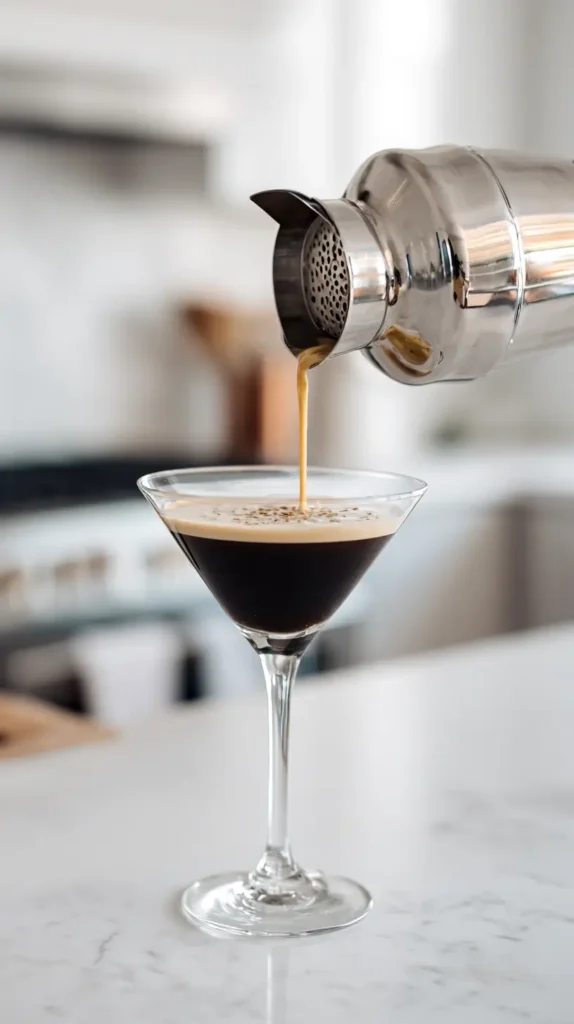 cocktail shaker pouring a dark brown drink