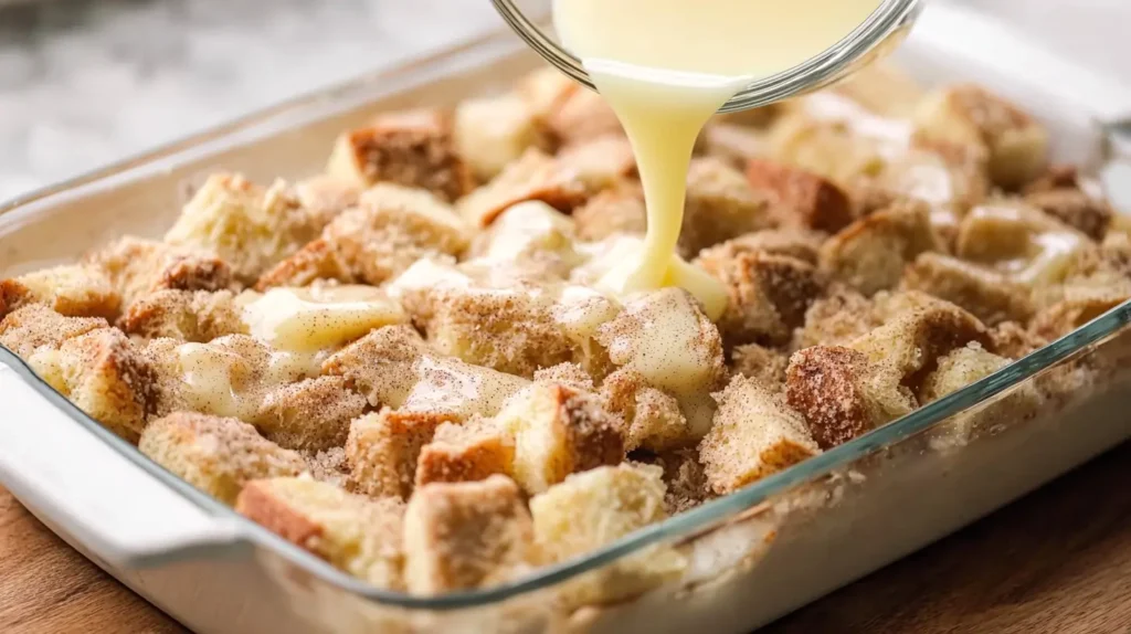 pouring a thick creamy liquid over bread cubes