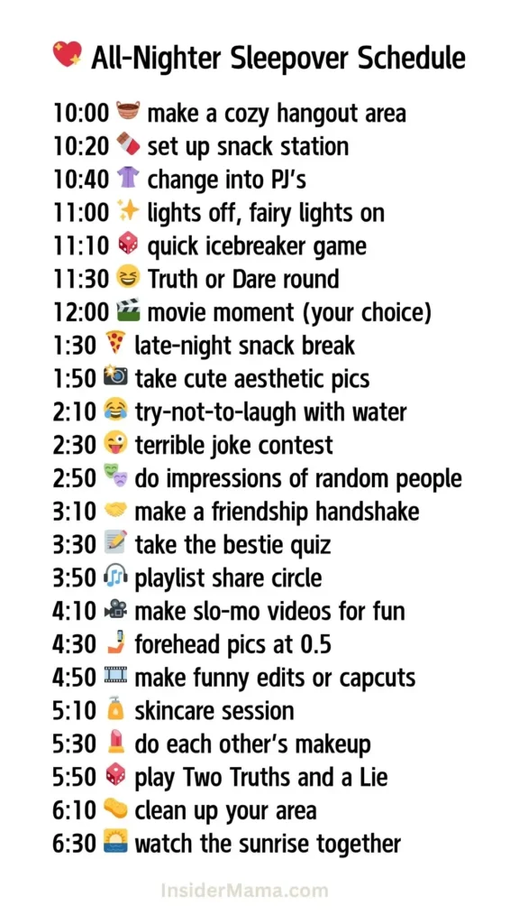 list of an all-night activity schedule for a sleepover