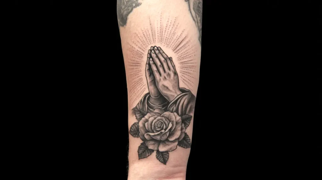 large tattoo, prayers hands, rose