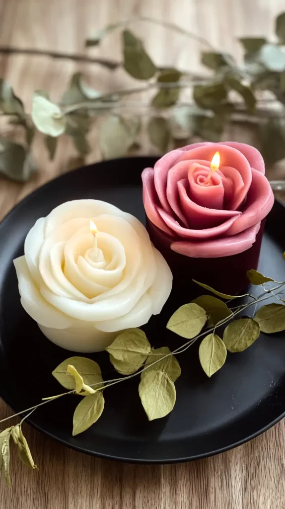 rose-shaped pink and off-white candles