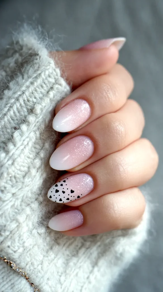 heart nails, pink, black, white