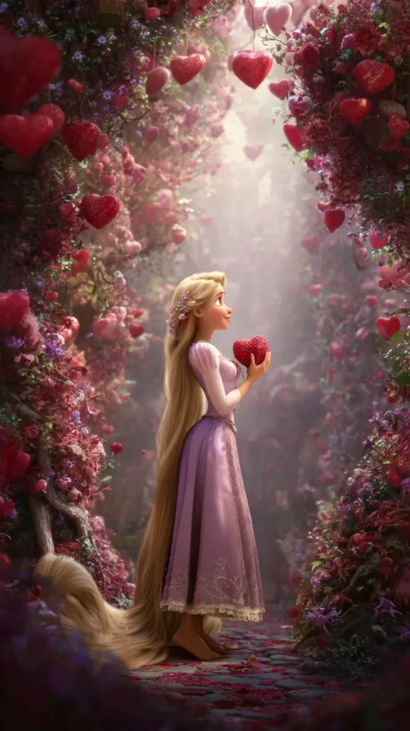 Rapunzel in an animated forest of flowers and hearts