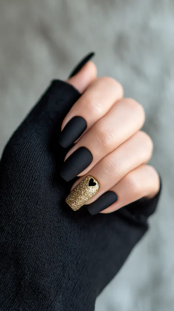 matte black manicure with one gold glitter accent nail with black heart
