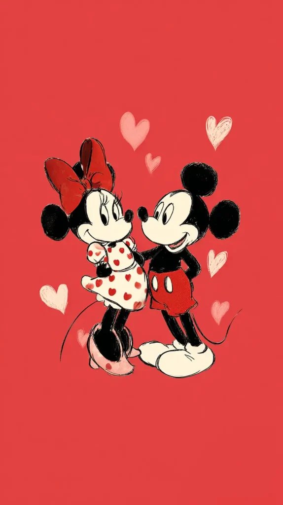 minnie and mickey mouse in red, pink, and black