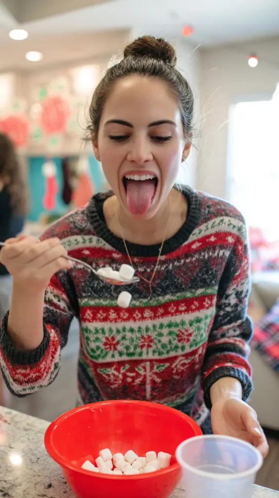 woman holding a spoon of marshmallows