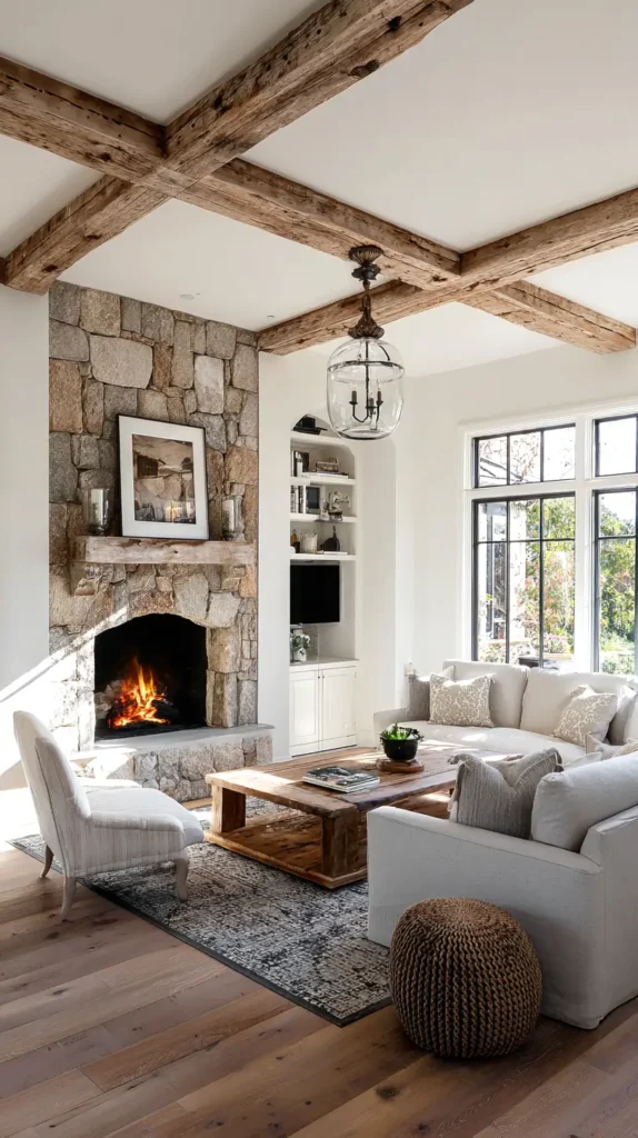 farmhouse living room, light hanging from the ceiling