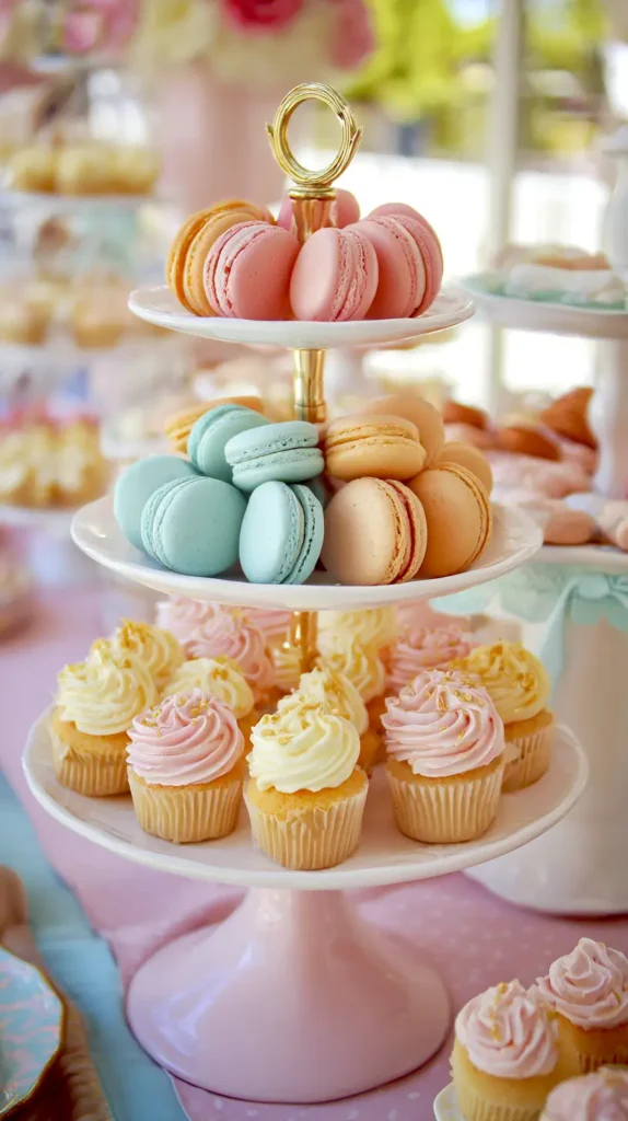 tiered tray of macaroons and iced cupcakes