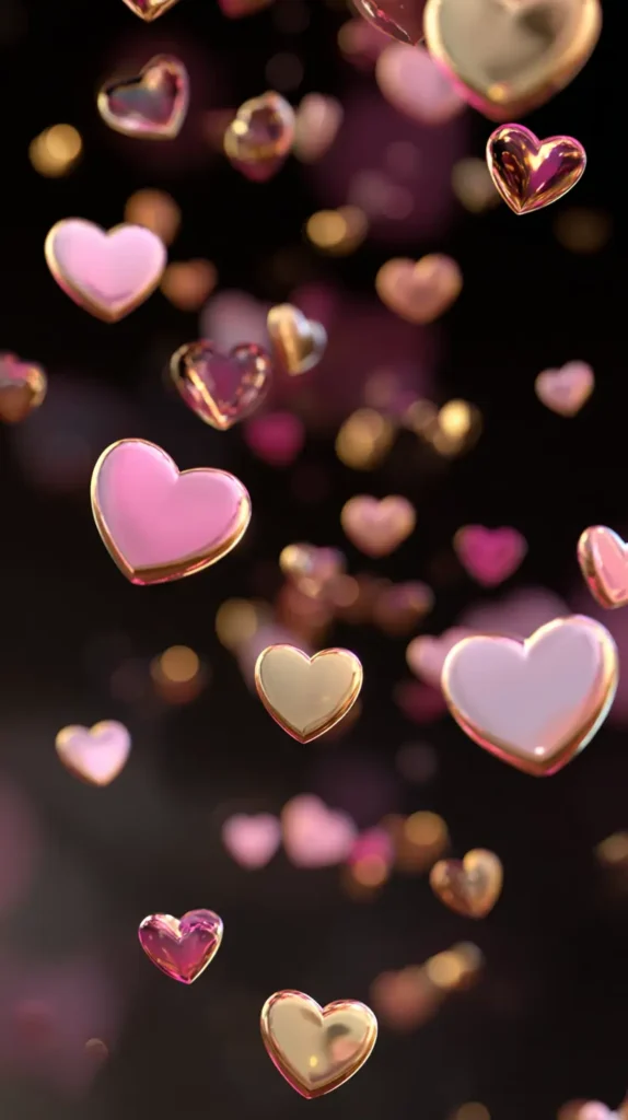 pink and gold hearts falling on a black background