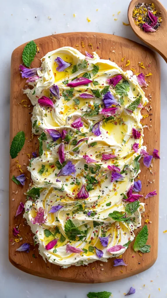 butter board charcuterie with edible flowers