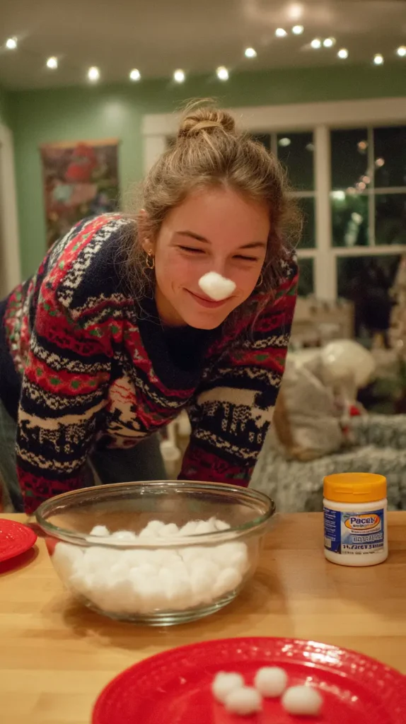woman with a cotton ball stuck to her nose, wearing a Christmas sweater