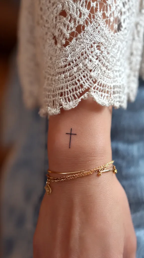 small cross on a female wrist, gold bracelets, pray tattoos
