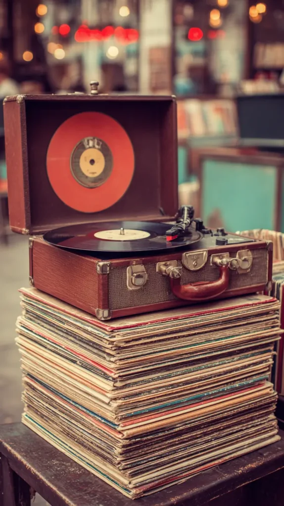 stack of vintage record albums with player on the top