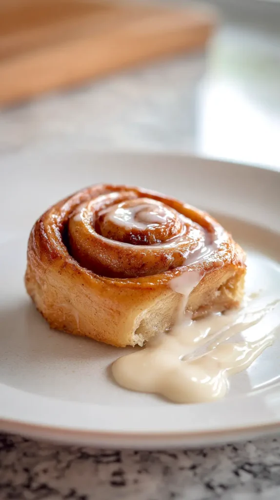 single sourdough cinnamon roll on a white plate