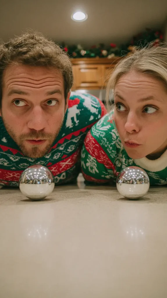 blowing on ornaments, Christmas game, man and woman