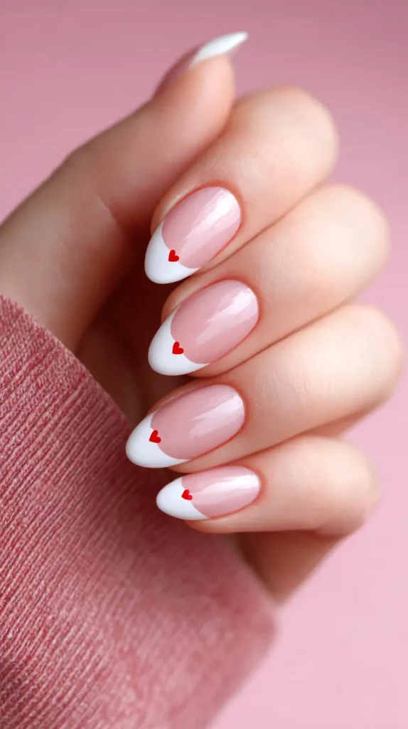 white tips, red heart, manicure