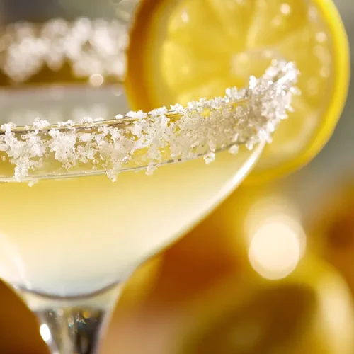 lemon drop martini close-up, sugar rim