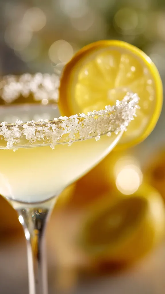 lemon drop martini close-up, sugar rim
