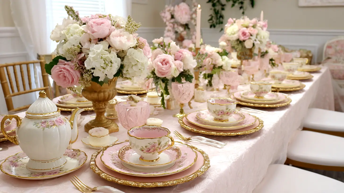 tea party table, pink and gold
