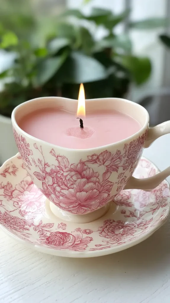 heart-shaped tea cup with a molded pink wax candle